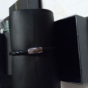 Men stainless steel SM pu leather black silver bracelet 8.1"